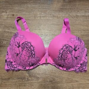 Cacique Hot Pink Lace Underwire Bra with Black Overlay 38DD